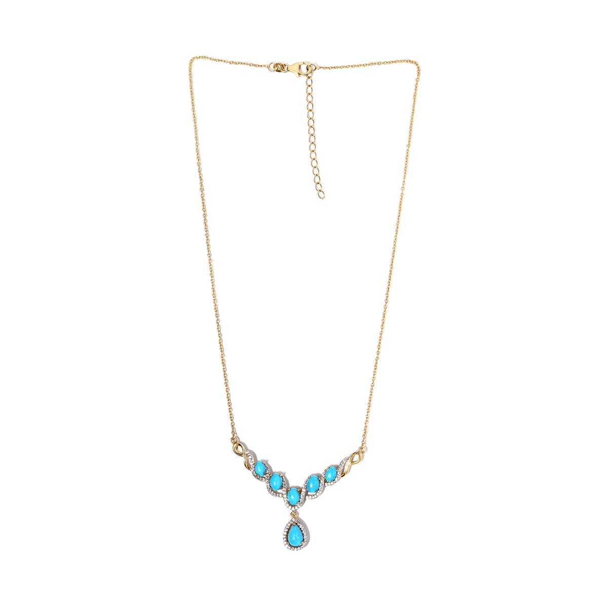 Sleeping Beauty Turquoise and Natural White Zircon Necklace 18 Inches in 14K Yellow Gold Over Sterling Silver 5.15 ctw image number 5