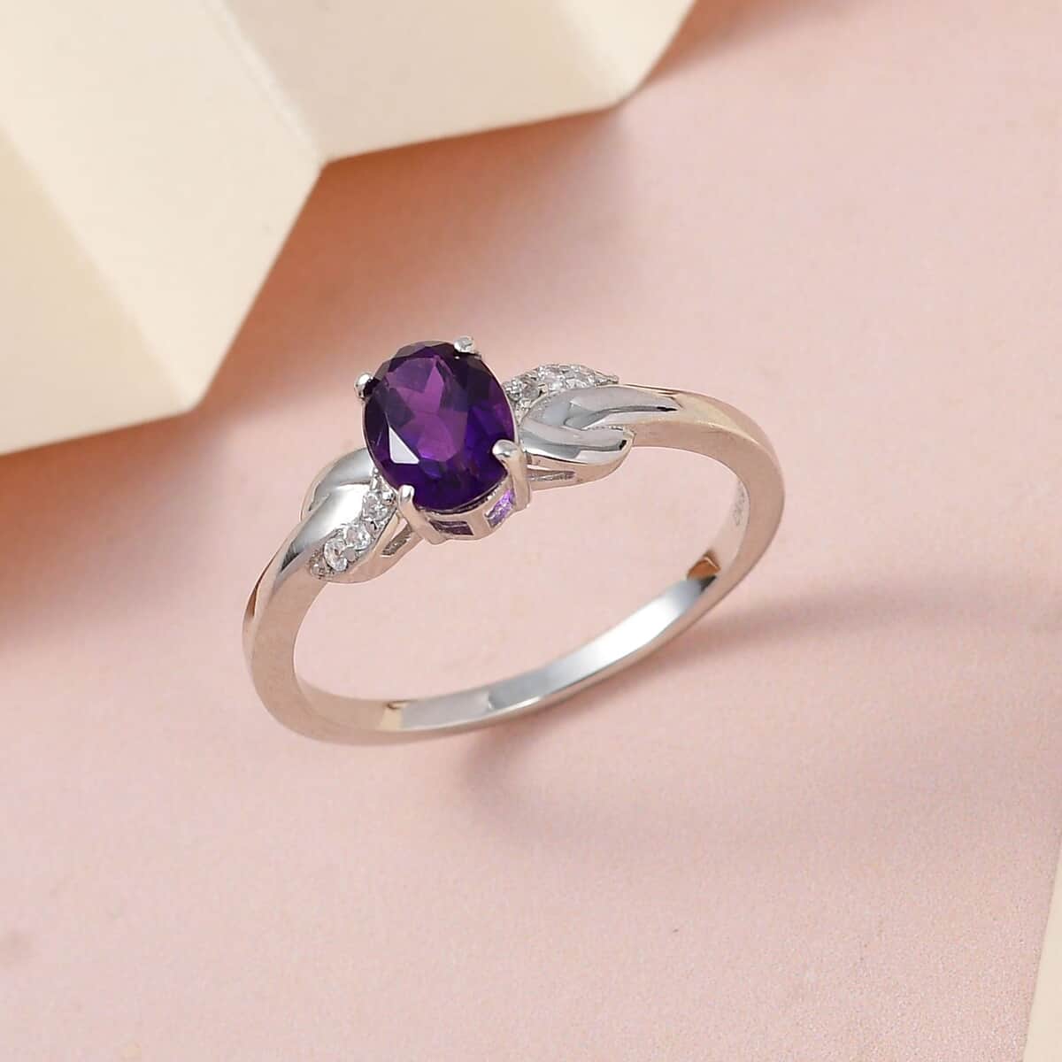 Amethyst and Natural White Zircon Ring in Platinum Over Sterling Silver (Size 9.0) 1.15 ctw image number 4