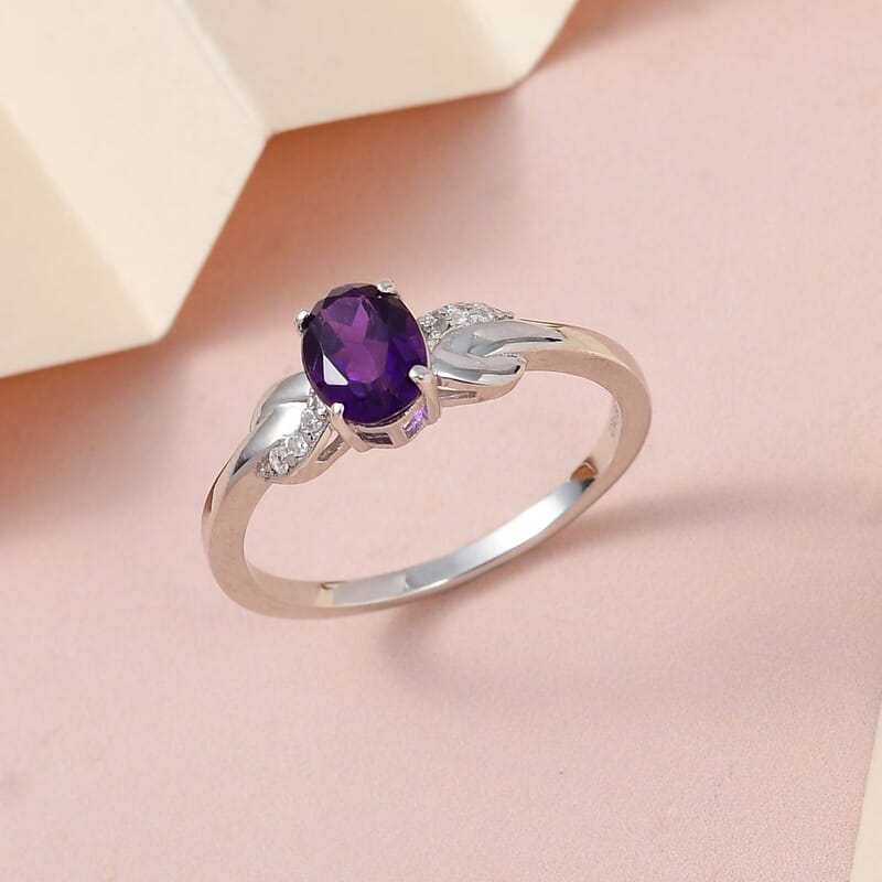 D'Joy Amethyst and White Zircon Ring in Platinum Over Sterling Silver (Size 10.0) 1.15 ctw