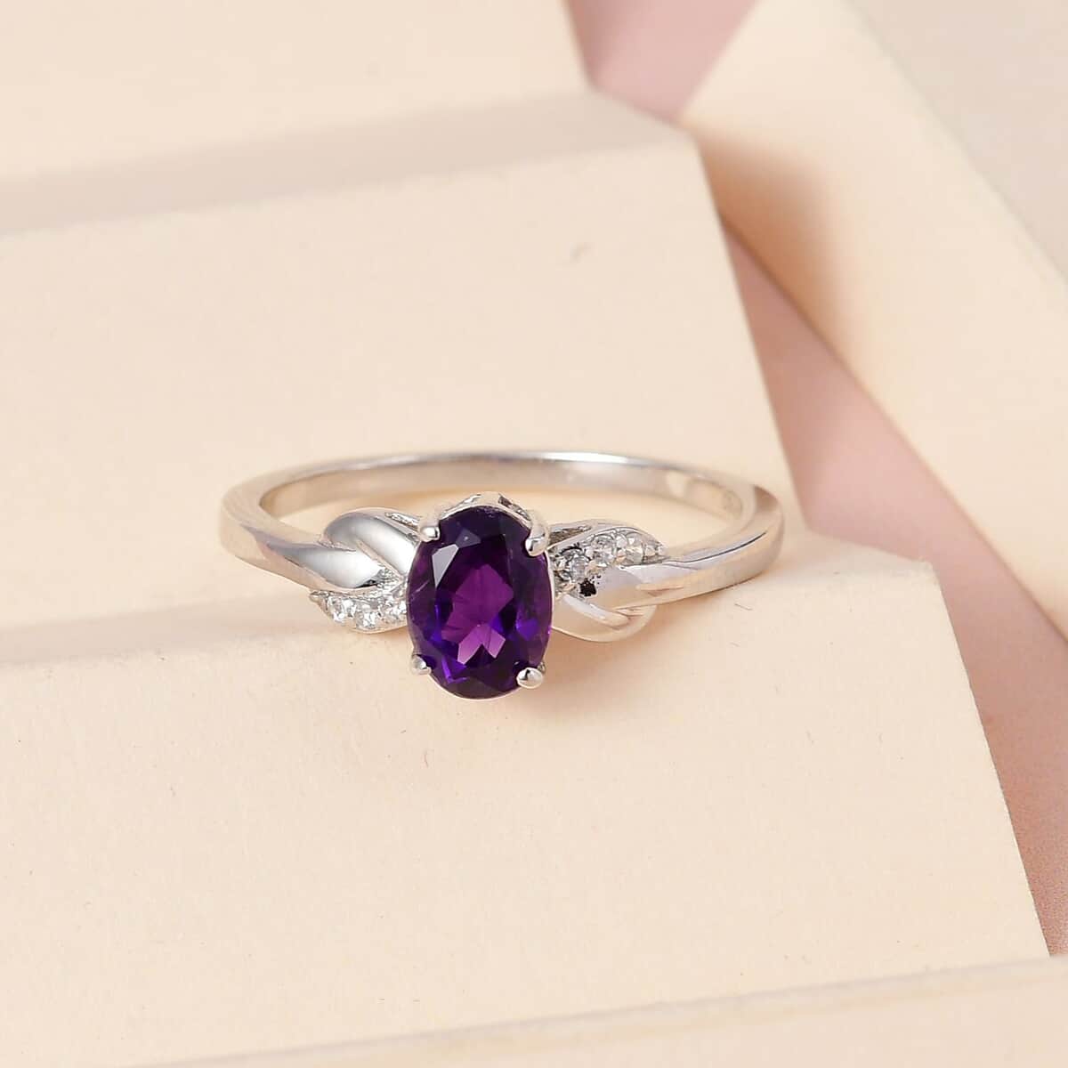 Amethyst and Natural White Zircon Ring in Platinum Over Sterling Silver (Size 9.0) 1.15 ctw image number 5