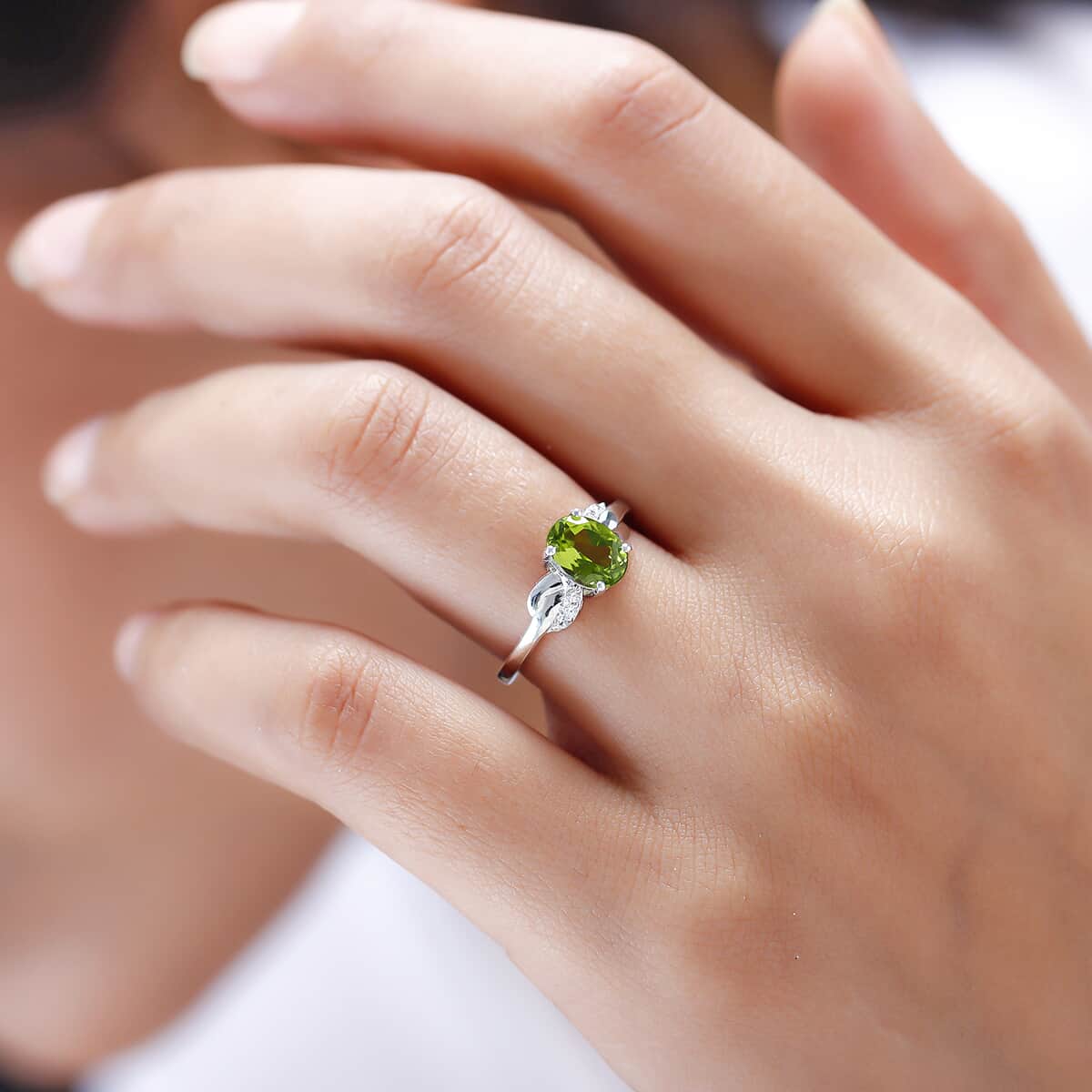 Peridot, Natural White Zircon Ring in Platinum Over Sterling Silver (Size 7.0) 1.30 ctw image number 1