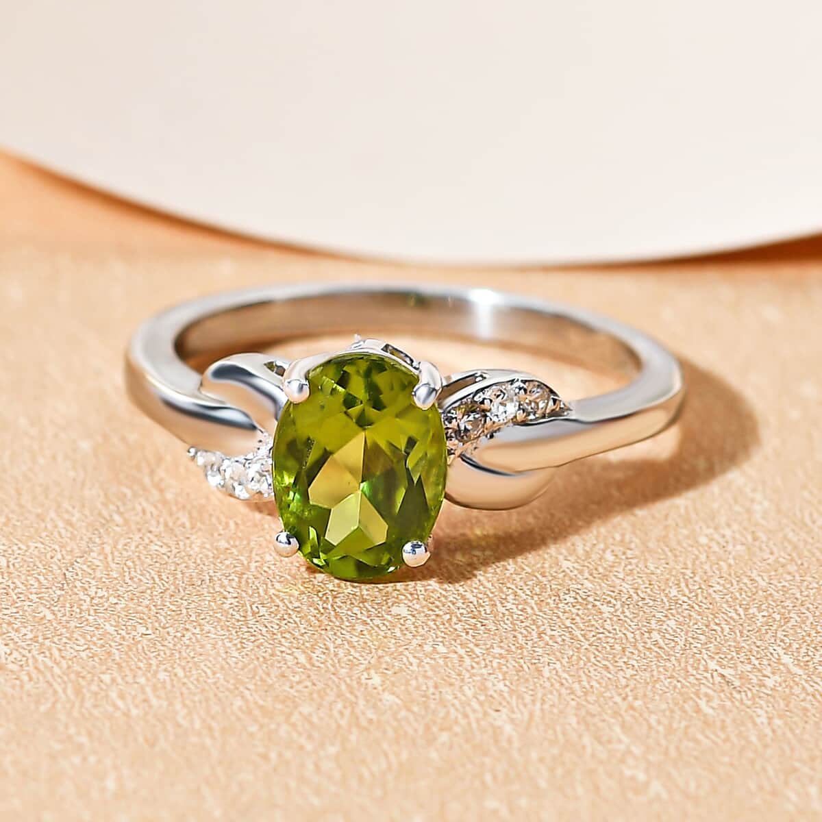 Peridot, Natural White Zircon Ring in Platinum Over Sterling Silver (Size 7.0) 1.30 ctw image number 3