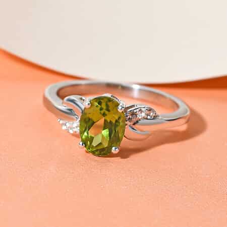 Peridot and Natural White Zircon Ring in Platinum Over Sterling Silver (Size 8.0) 1.30 ctw image number 4