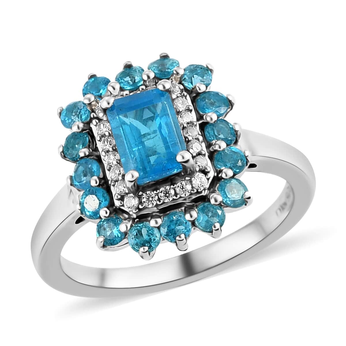 Malgache Neon Apatite and Natural White Zircon Sunburst Ring in Platinum Over Sterling Silver (Size 6.0) 1.40 ctw image number 0