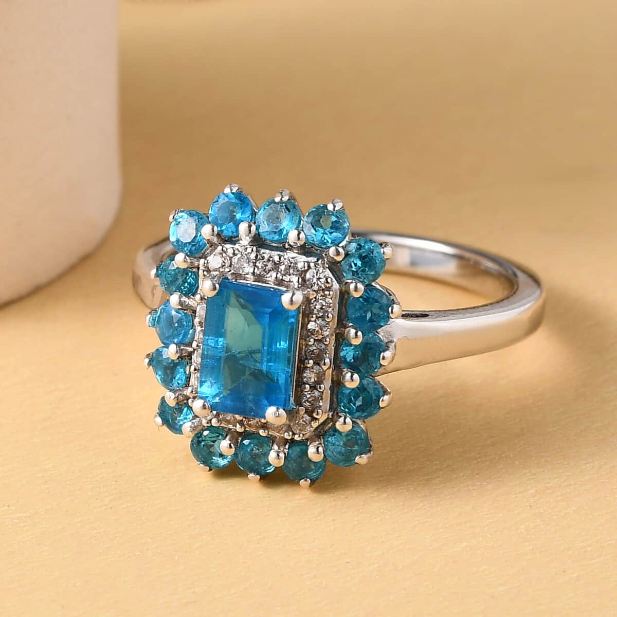 Malgache Neon Apatite and Natural White Zircon Sunburst Ring in Platinum Over Sterling Silver (Size 6.0) 1.40 ctw image number 1