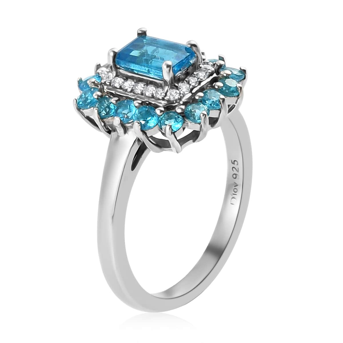 Malgache Neon Apatite and Natural White Zircon Sunburst Ring in Platinum Over Sterling Silver (Size 6.0) 1.40 ctw image number 3