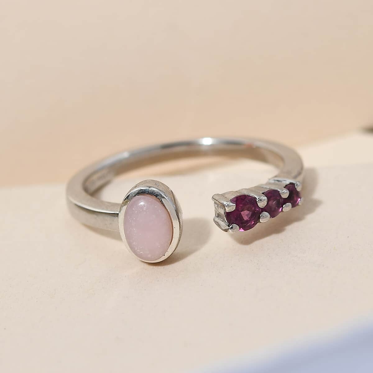 Peruvian Pink Opal and Orissa Rhodolite Garnet Open Band Ring in Platinum Over Sterling Silver 0.65 ctw image number 1