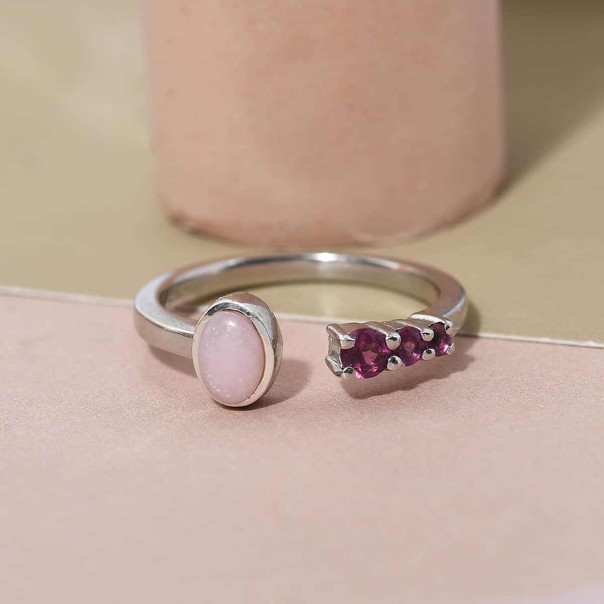 Peruvian Pink Opal and Orissa Rhodolite Garnet Open Band Ring in Platinum Over Sterling Silver 0.65 ctw image number 2