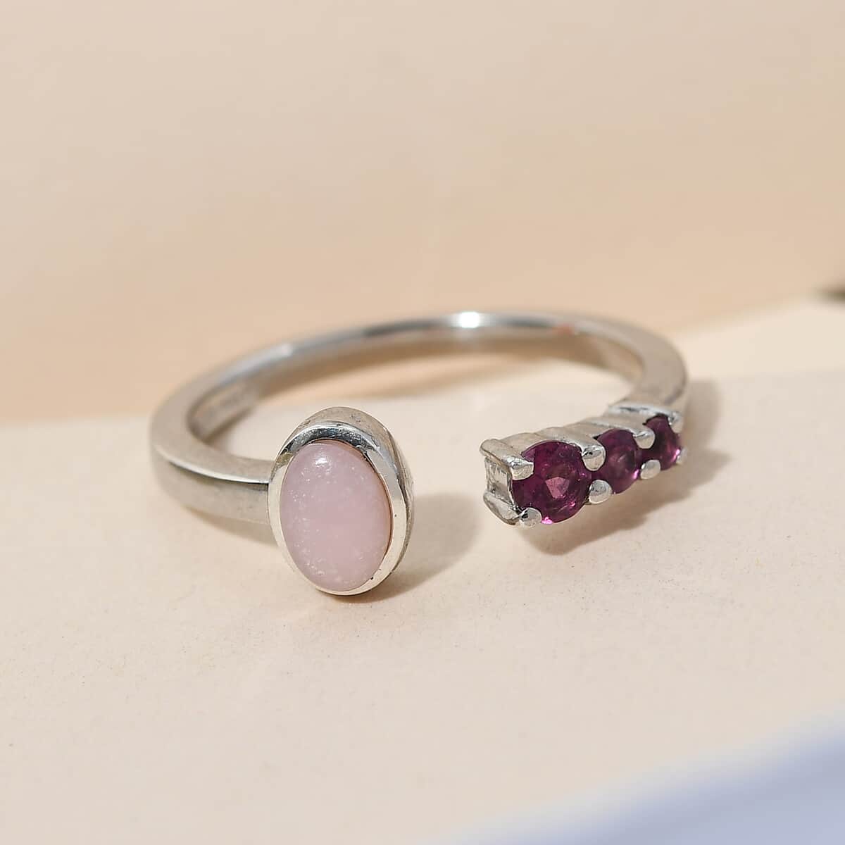 Peruvian Pink Opal and Orissa Rhodolite Garnet Open Band Ring in Platinum Over Sterling Silver (Size 8.0) 0.65 ctw image number 1