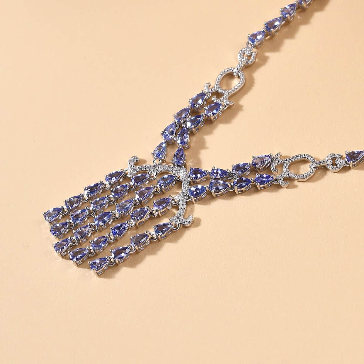 Tanzanite and Natural White Zircon Tassels Necklace 18 Inches in Platinum Over Sterling Silver 9.75 ctw image number 1