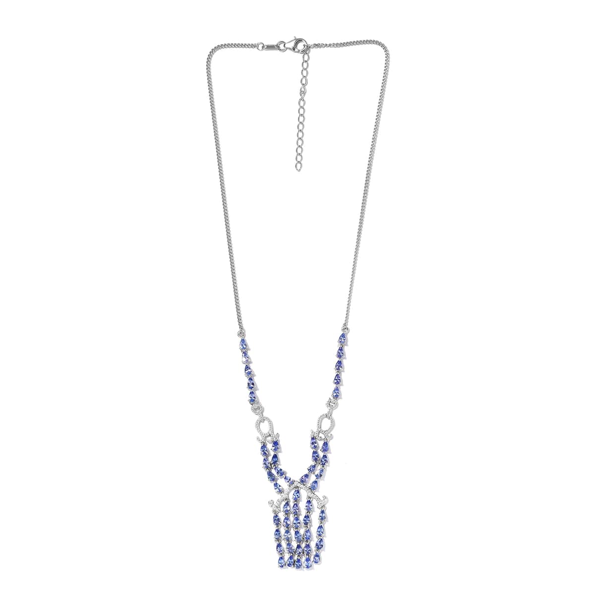 Tanzanite and Natural White Zircon Tassels Necklace 18 Inches in Platinum Over Sterling Silver 9.75 ctw image number 3