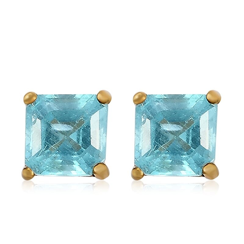 Asscher Cut Madagascar Paraiba Apatite Solitaire Stud Earrings in 14K Yellow Gold Over Sterling Silver 1.35 ctw