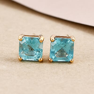 Asscher Cut Madagascar Paraiba Apatite Solitaire Stud Earrings in 14K Yellow Gold Over Sterling Silver 1.35 ctw