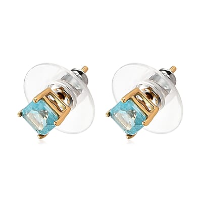 Asscher Cut Madagascar Paraiba Apatite Solitaire Stud Earrings in 14K Yellow Gold Over Sterling Silver 1.35 ctw