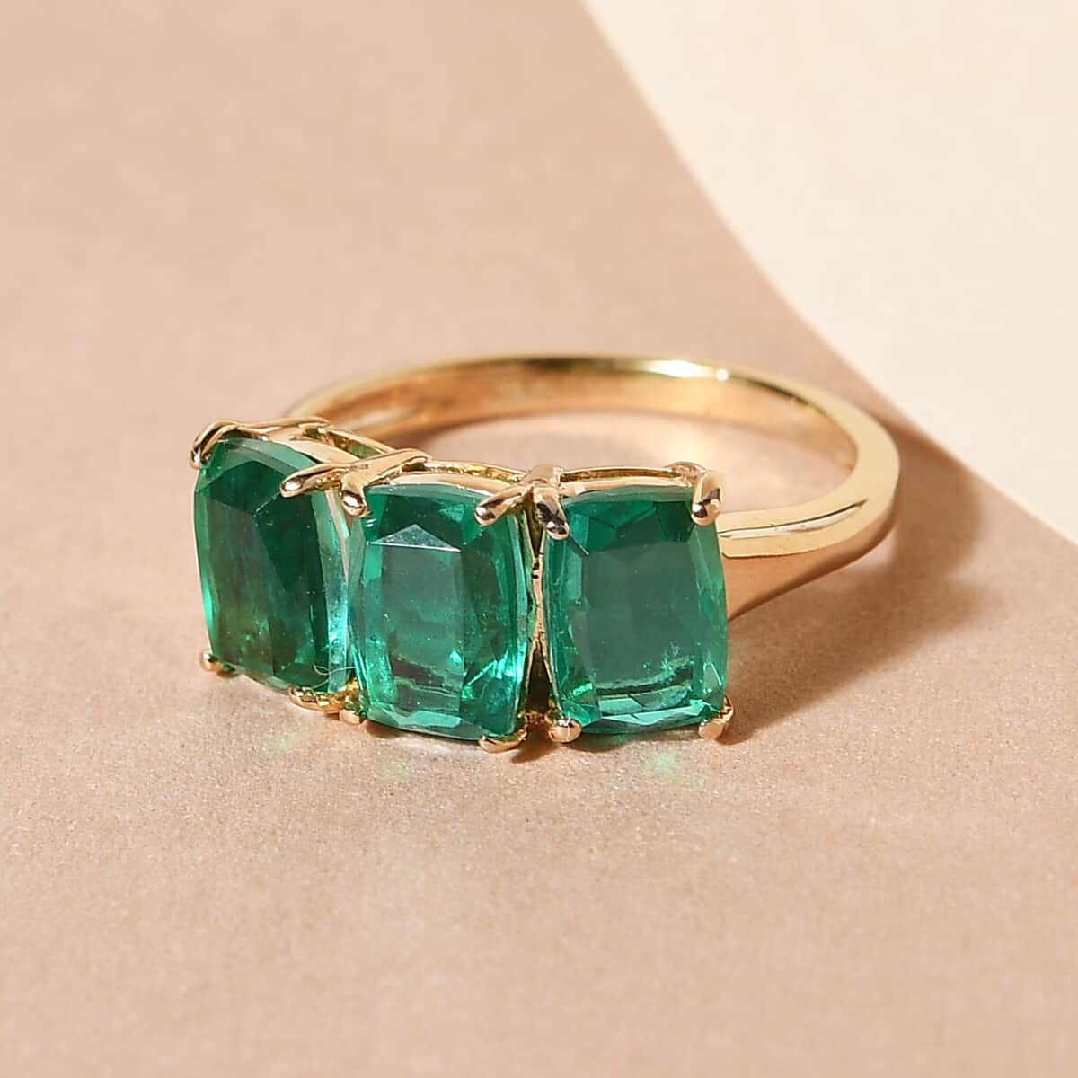 Emerald Quartz 3 Stone Ring in 14K Yellow Gold Over Sterling Silver (Size 6.0) 3.60 ctw image number 1