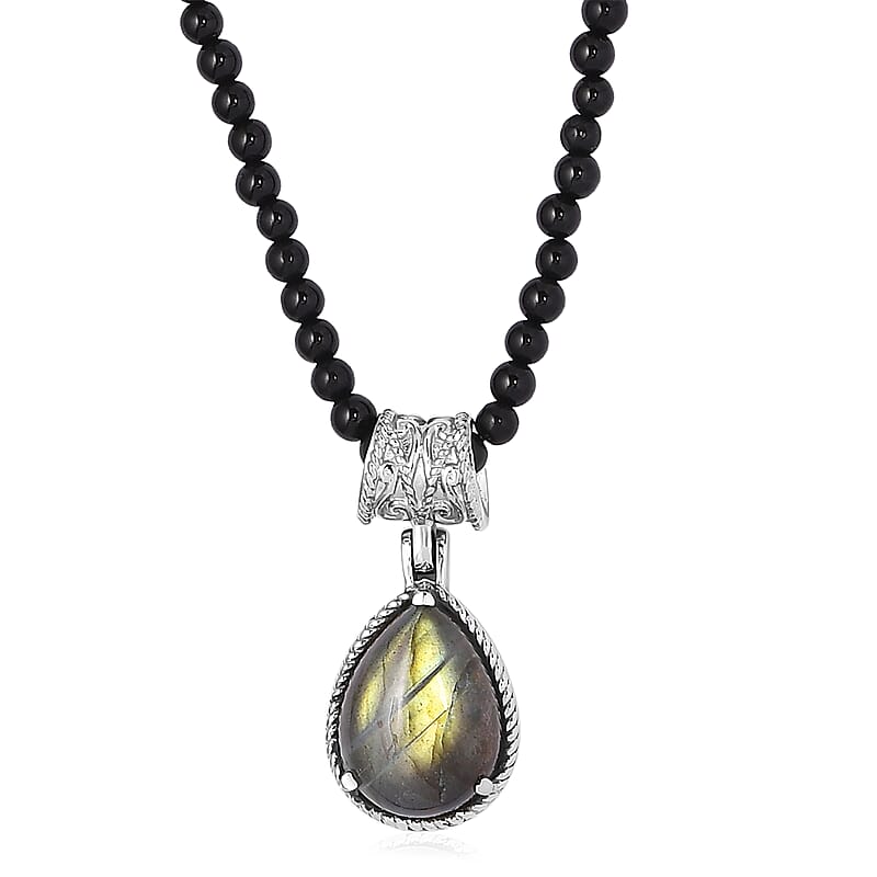 Malagasy Labradorite Solitaire Pendant with Black Agate Beaded Necklace (20 Inches) in Stainless Steel 73.75 ctw , Tarnish-Free, Waterproof, Sweat Proof Jewelry