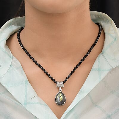 Malagasy Labradorite Solitaire Pendant with Black Agate Beaded Necklace (20 Inches) in Stainless Steel 73.75 ctw , Tarnish-Free, Waterproof, Sweat Proof Jewelry