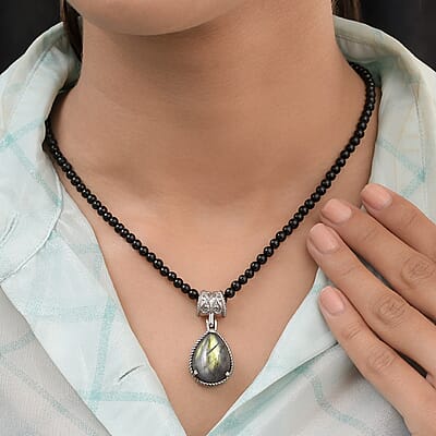 Malagasy Labradorite Solitaire Pendant with Black Agate Beaded Necklace (20 Inches) in Stainless Steel 73.75 ctw , Tarnish-Free, Waterproof, Sweat Proof Jewelry