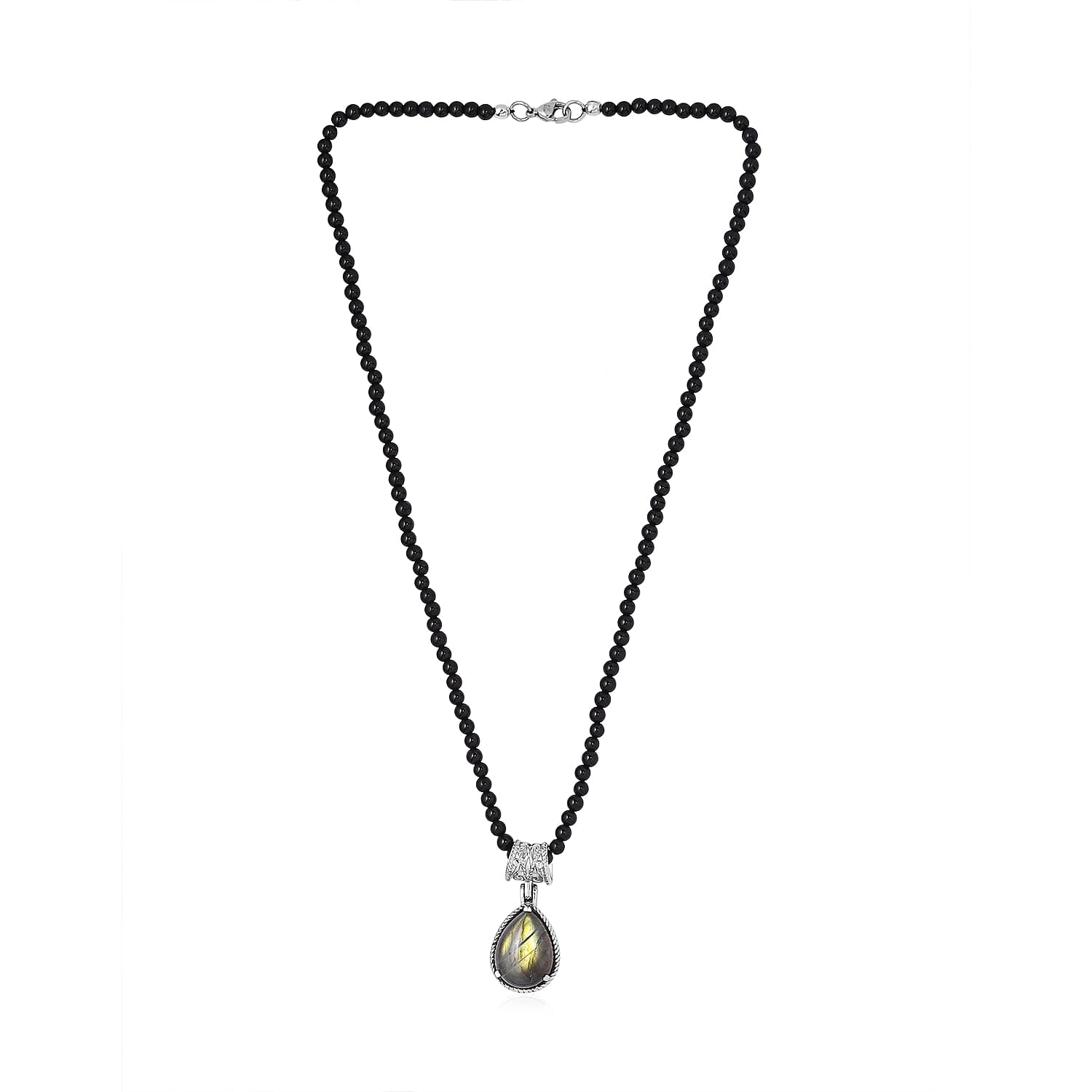 Malagasy Labradorite Solitaire Pendant with Black Agate Beaded Necklace (20 Inches) in Stainless Steel 73.75 ctw , Tarnish-Free, Waterproof, Sweat Proof Jewelry
