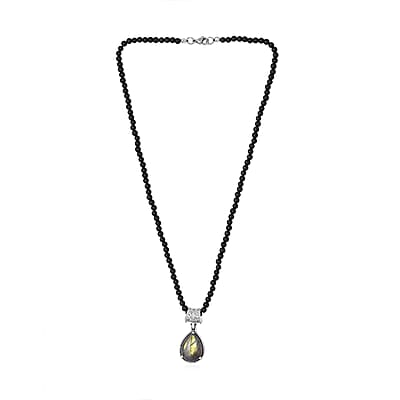 Malagasy Labradorite Solitaire Pendant with Black Agate Beaded Necklace (20 Inches) in Stainless Steel 73.75 ctw , Tarnish-Free, Waterproof, Sweat Proof Jewelry