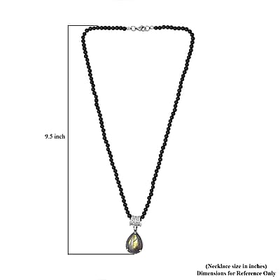 Malagasy Labradorite Solitaire Pendant with Black Agate Beaded Necklace (20 Inches) in Stainless Steel 73.75 ctw , Tarnish-Free, Waterproof, Sweat Proof Jewelry