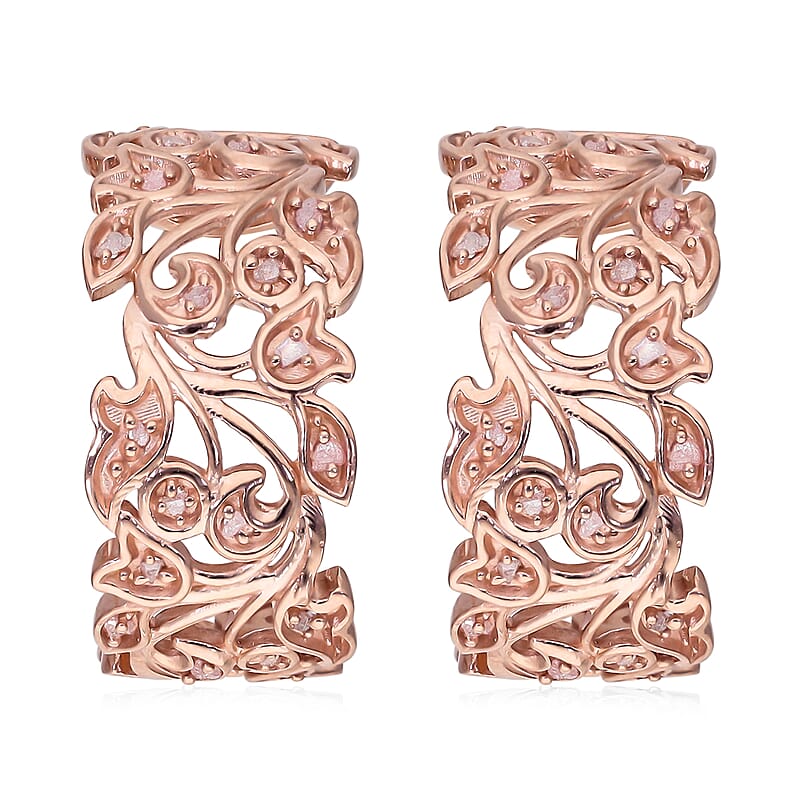 Uncut Natural Pink Diamond Floral J-Hoop Earrings in Vermeil Rose Gold Over Sterling Silver 0.25 ctw