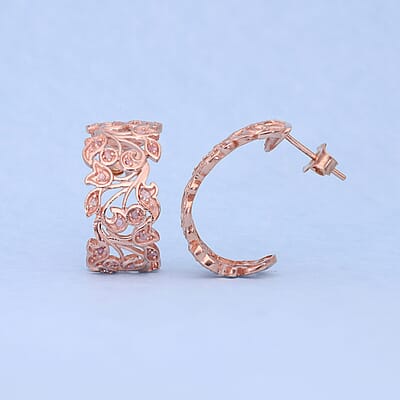 Uncut Natural Pink Diamond Floral J-Hoop Earrings in Vermeil Rose Gold Over Sterling Silver 0.25 ctw