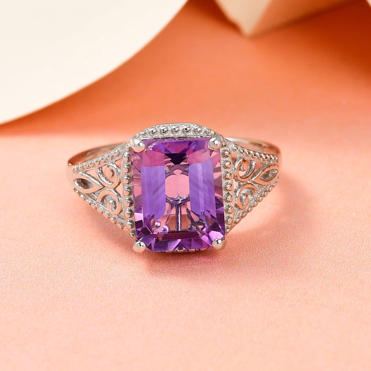 Rose De France Amethyst Solitaire Ring in Platinum Over Sterling Silver (Size 10.0) 3.10 ctw image number 4