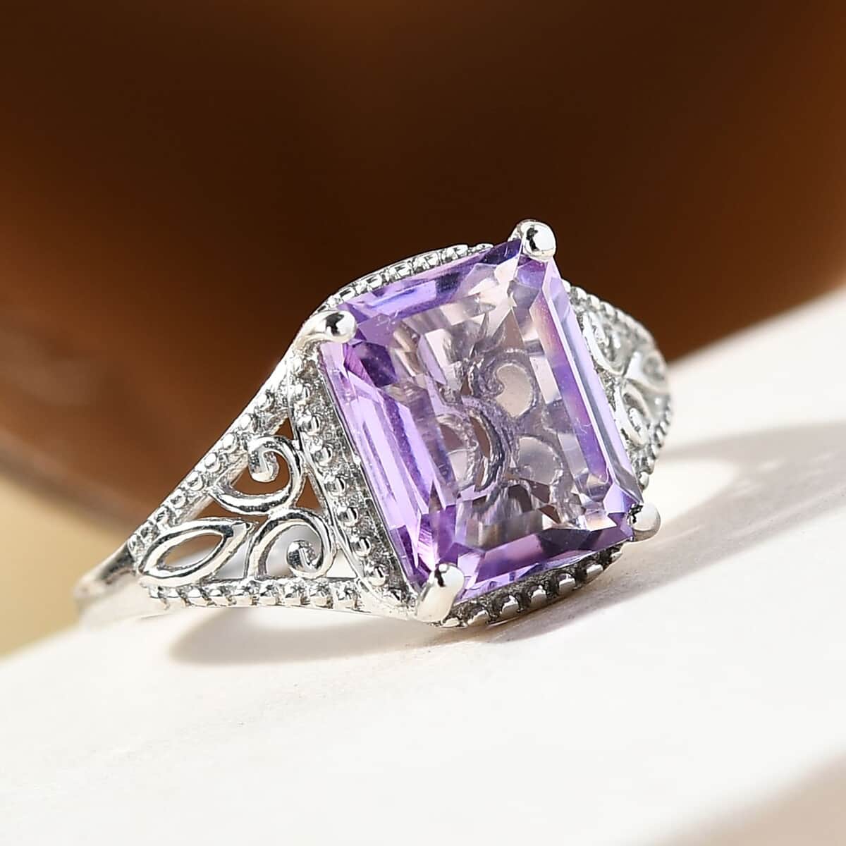 Rose De France Amethyst Solitaire Ring in Platinum Over Sterling Silver (Size 8.0) 3.10 ctw image number 3