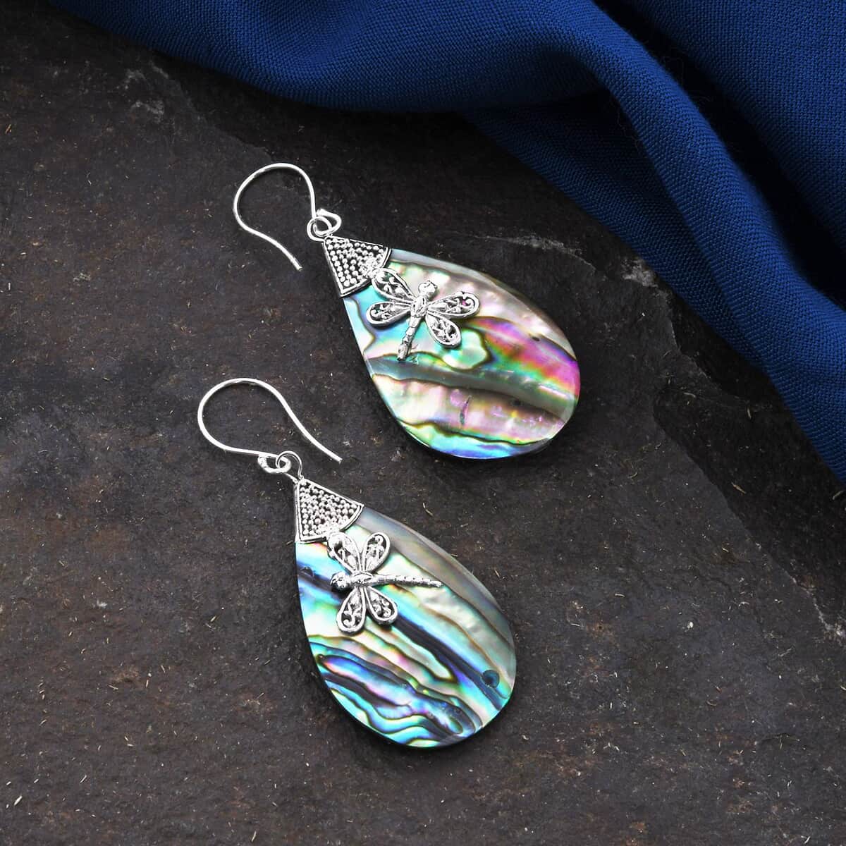 Abalone Shell Dragonfly Drop Earrings in Sterling Silver image number 1