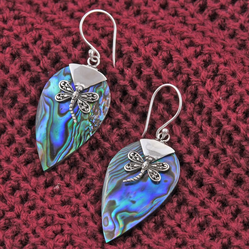 Abalone Shell Dragonfly Leaf Earrings in Sterling Silver
