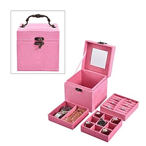 Pink Velvet Three Layer Jewelry Box with Mirror, Handle & Lock