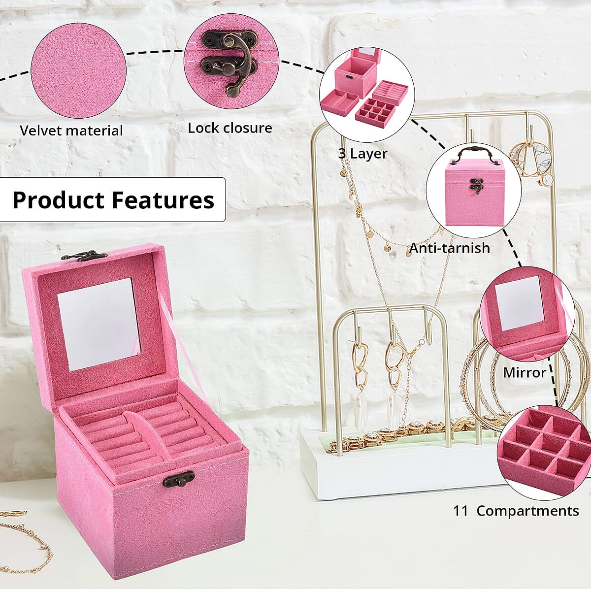 Pink Velvet Three Layer Jewelry Box with Mirror, Handle & Lock image number 1