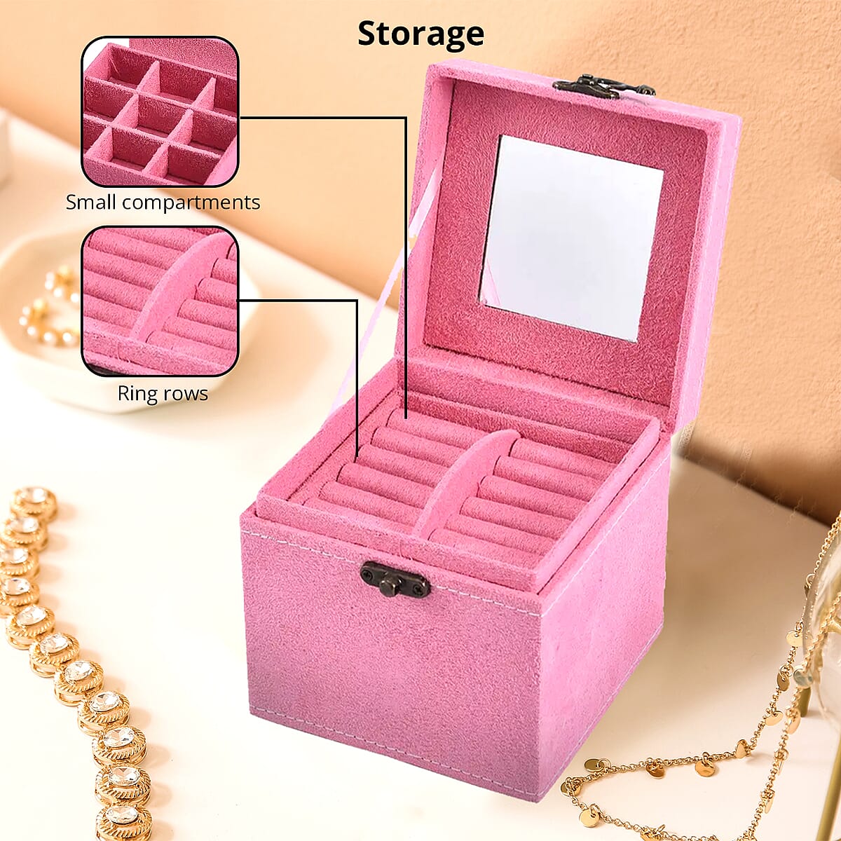 Pink Velvet Three Layer Jewelry Box with Mirror, Handle & Lock image number 2