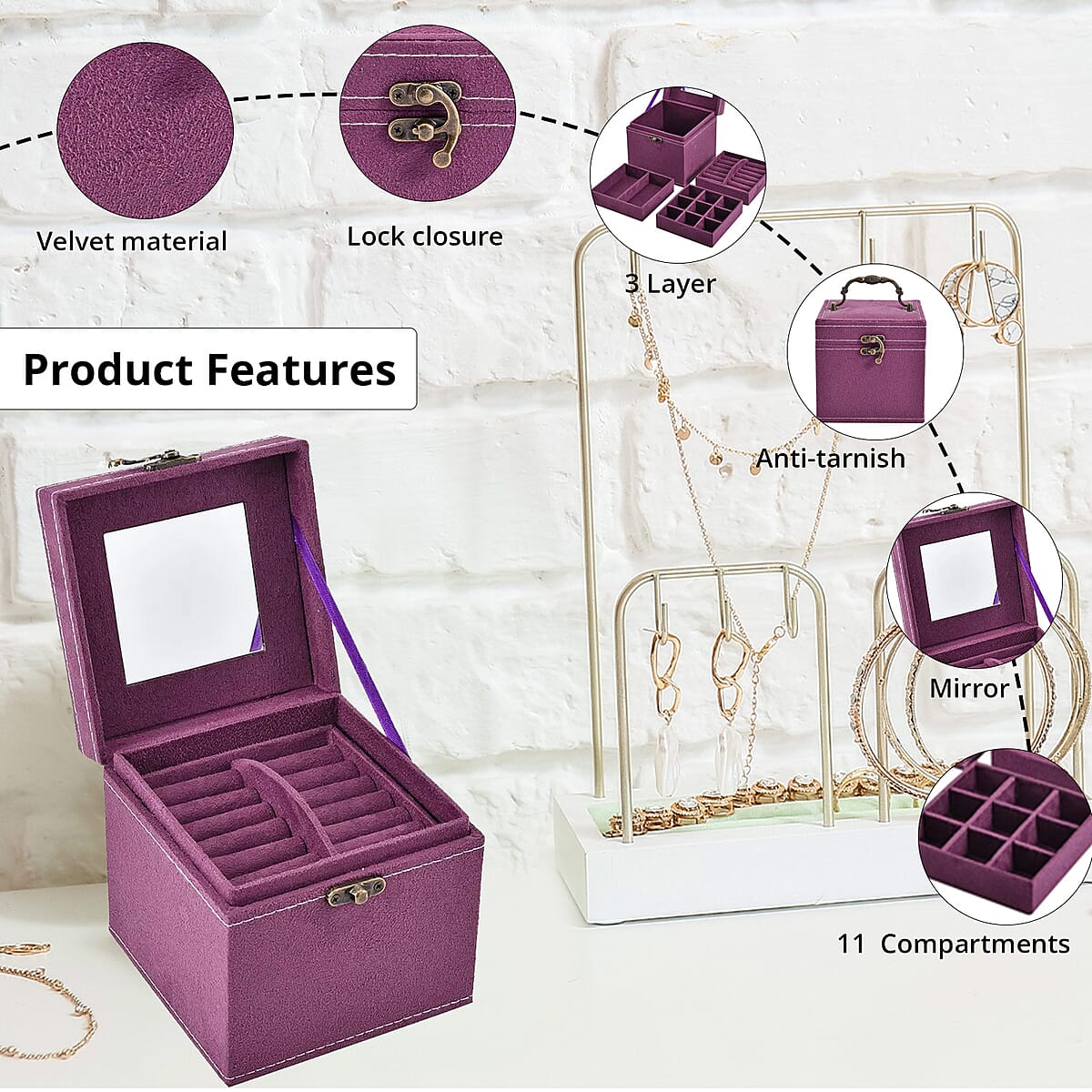 Purple Velvet Three Layer Jewelry Box with Mirror, Handle & Lock image number 1