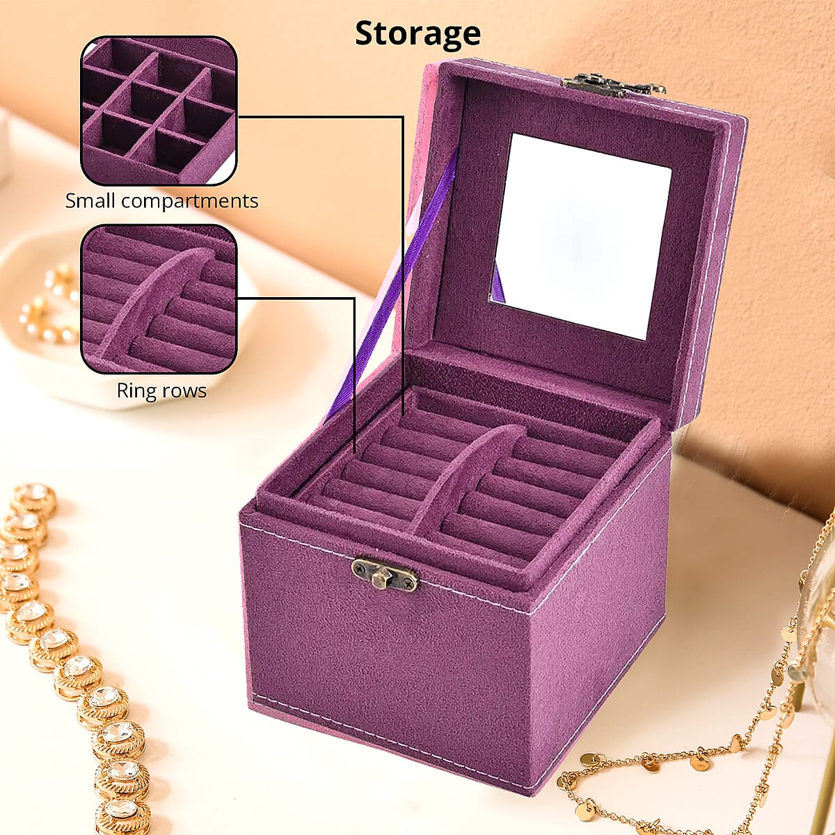 Purple Velvet Three Layer Jewelry Box with Mirror, Handle & Lock image number 2