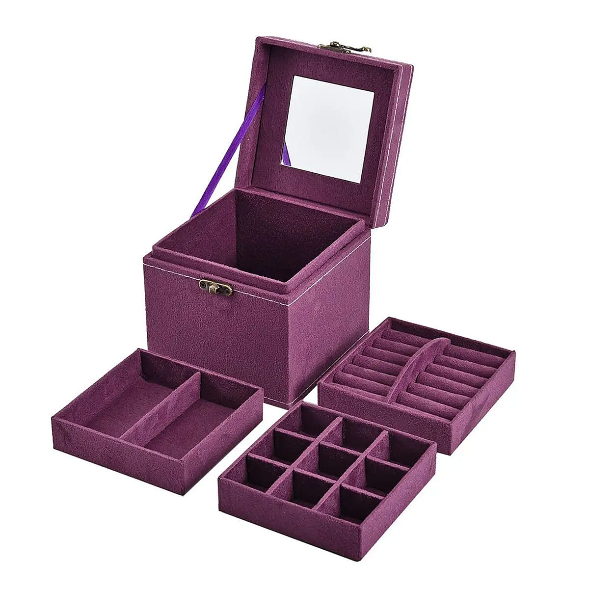 Purple Velvet Three Layer Jewelry Box with Mirror, Handle & Lock image number 6