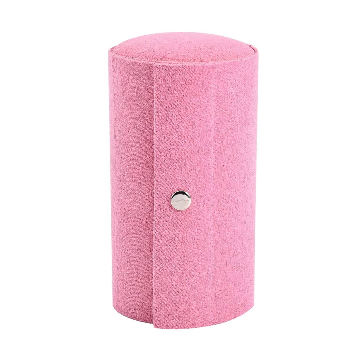 Pink Velvet Three Layer Cylinder Shape Jewelry Box with Top Cap and Snap Button Closure (5.1"x3"x3") image number 0