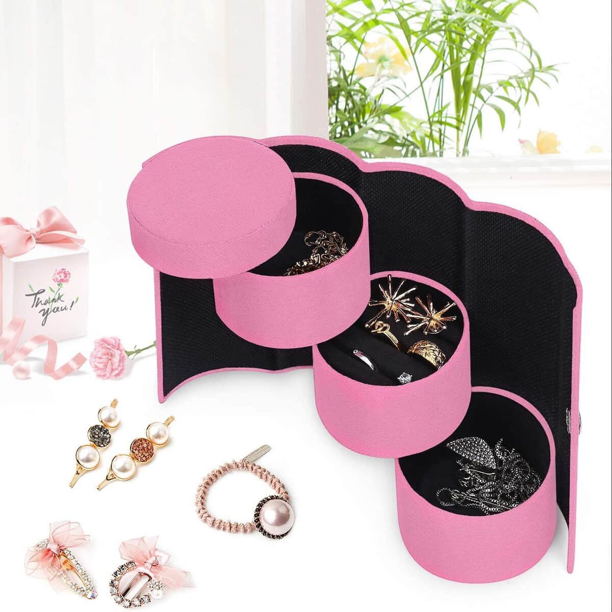 Pink Velvet Three Layer Cylinder Shape Jewelry Box with Top Cap and Snap Button Closure (5.1"x3"x3") image number 1