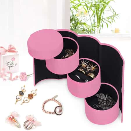 Pink Velvet Three Layer Cylinder Shape Jewelry Box with Top Cap and Snap Button Closure image number 1