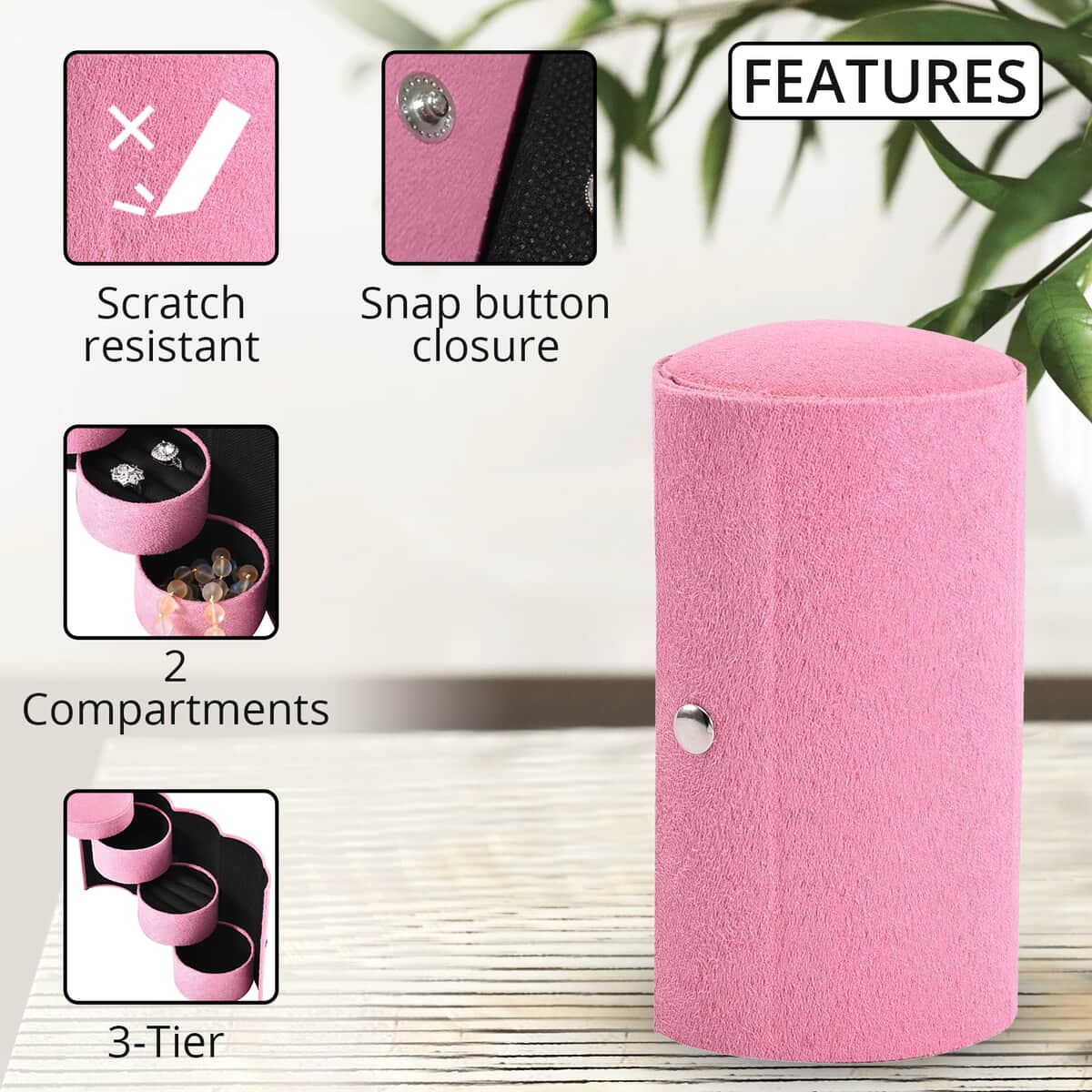 Pink Velvet Three Layer Cylinder Shape Jewelry Box with Top Cap and Snap Button Closure (5.1"x3"x3") image number 2