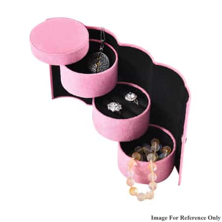 Pink Velvet Three Layer Cylinder Shape Jewelry Box with Top Cap and Snap Button Closure image number 4