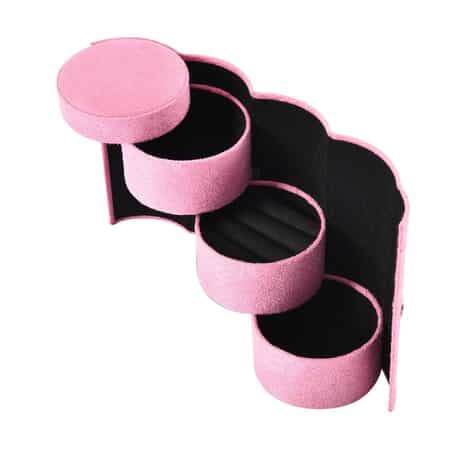 Pink Velvet Three Layer Cylinder Shape Jewelry Box with Top Cap and Snap Button Closure image number 6