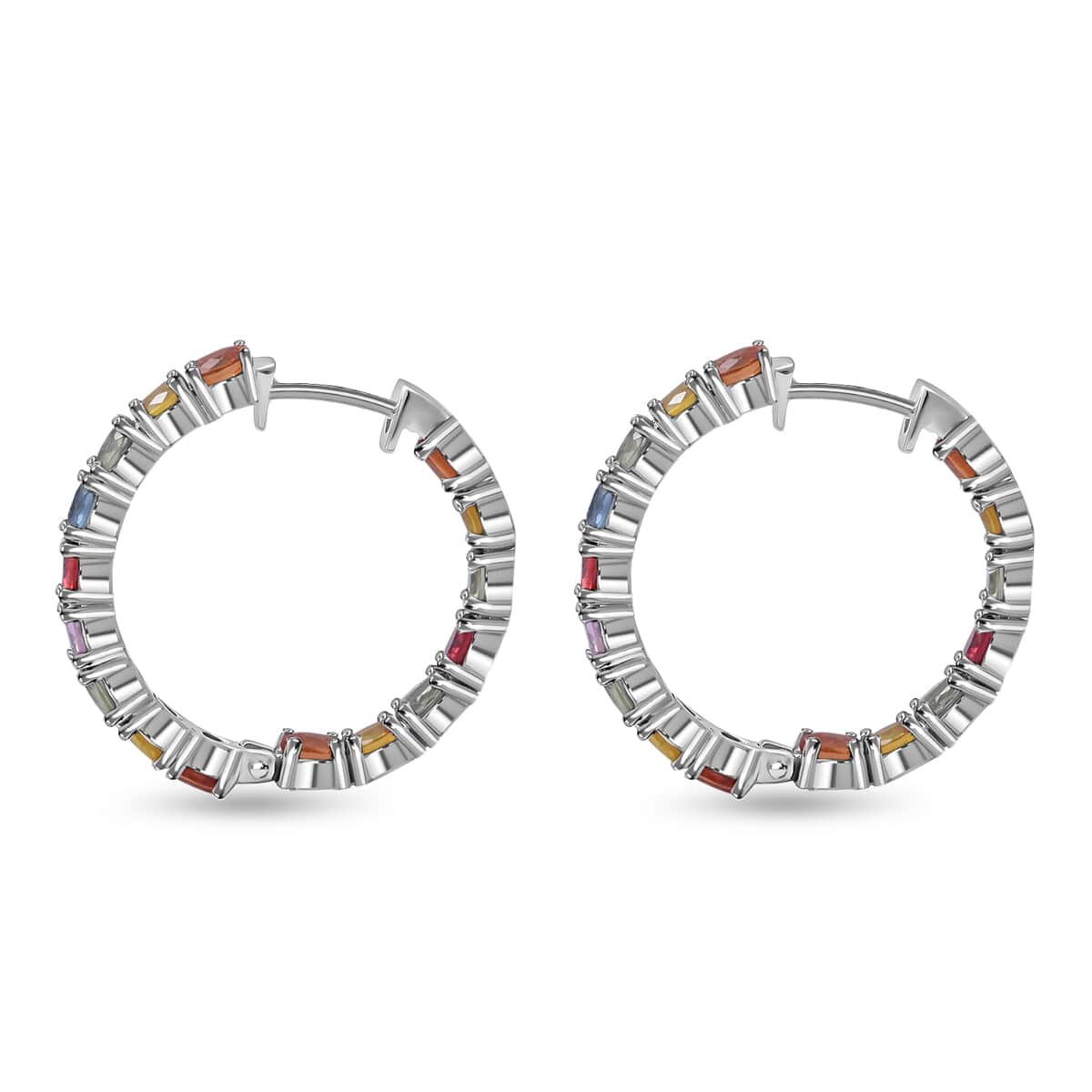 Multi Sapphire Hoop Earrings in Platinum Over Sterling Silver 8.00 ctw image number 2