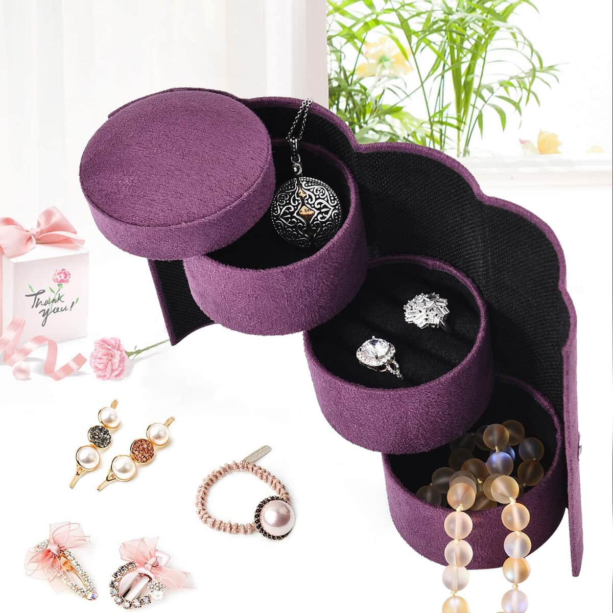 Purple Velvet Three Layer Cylinder Shape Jewelry Box with Top Cap and Snap Button Closure image number 1