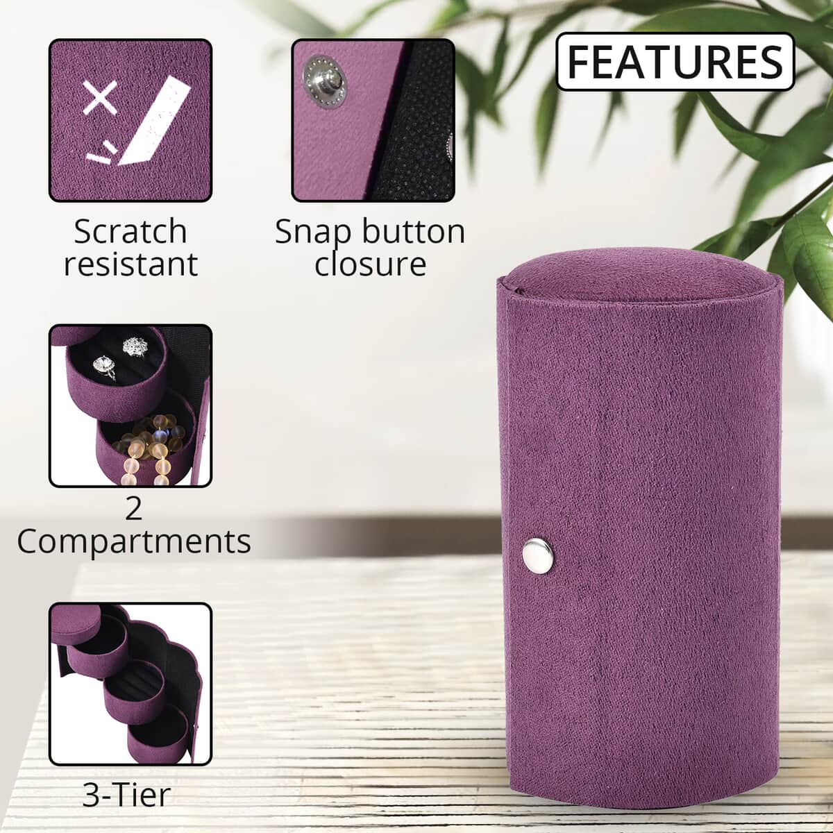 Purple Velvet Three Layer Cylinder Shape Jewelry Box with Top Cap and Snap Button Closure image number 2