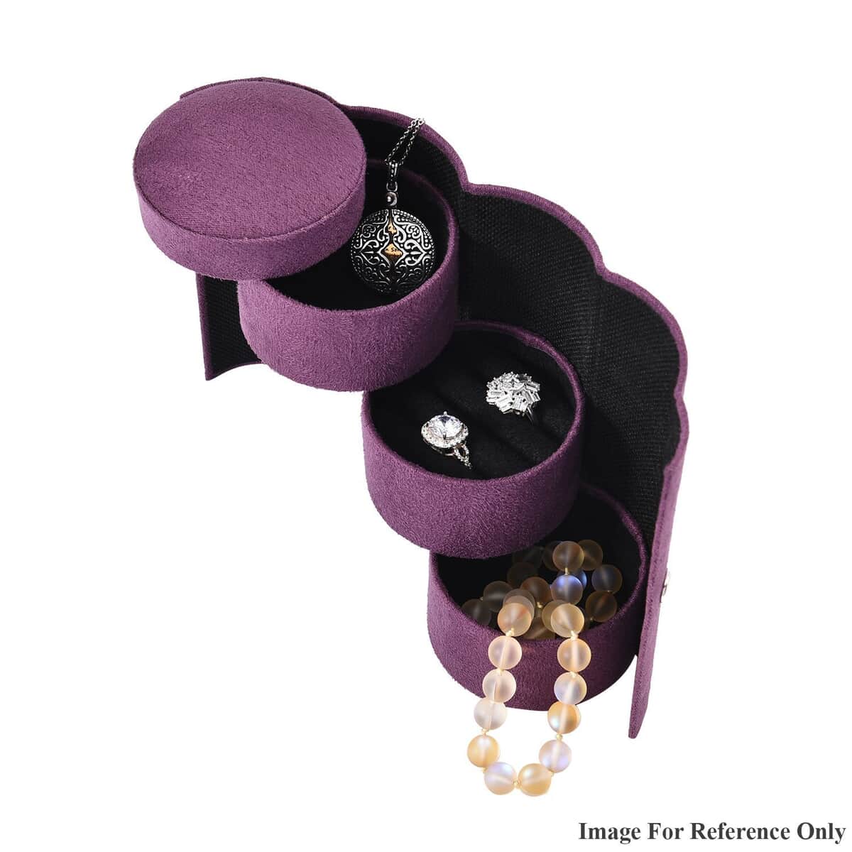 Purple Velvet Three Layer Cylinder Shape Jewelry Box with Top Cap and Snap Button Closure image number 4