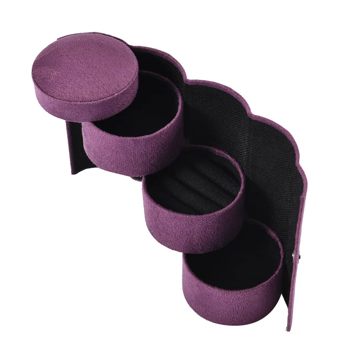 Purple Velvet Three Layer Cylinder Shape Jewelry Box with Top Cap and Snap Button Closure image number 6