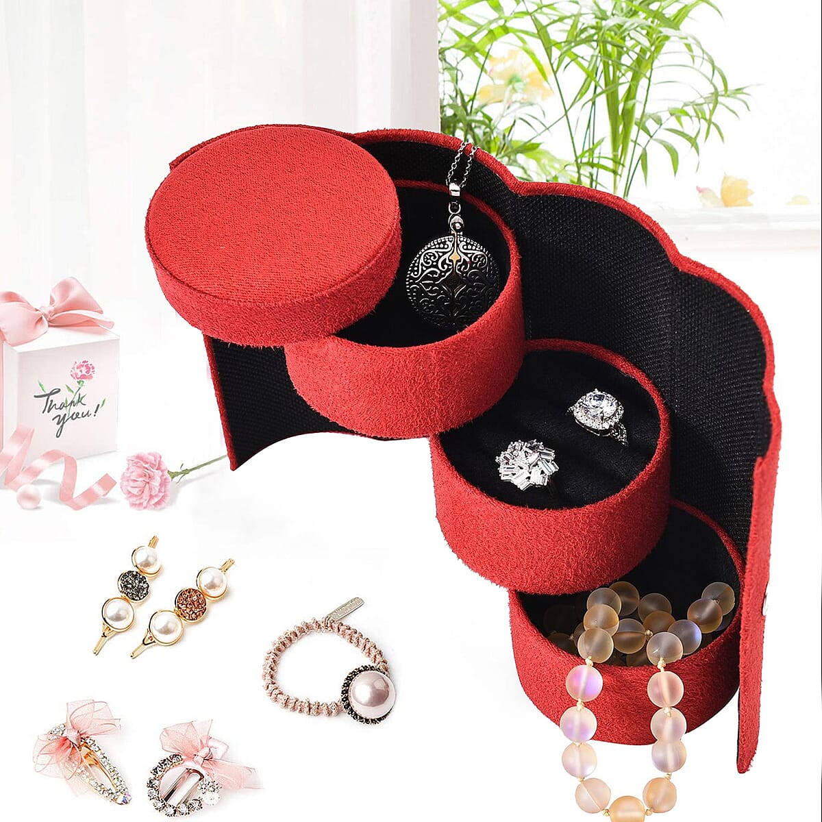 Red Velvet Three Layer Cylinder Shape Jewelry Box with Top Cap and Snap Button Closure image number 1