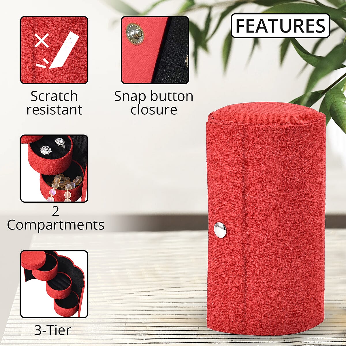Red Velvet Three Layer Cylinder Shape Jewelry Box with Top Cap and Snap Button Closure image number 2